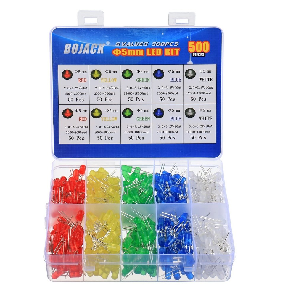 500-Pack 5mm LED Diode Lights Assorted Kit 5 Colors 20mA 2V 3V Round Transparent