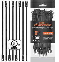 100 Pieces 8″ UV Black Nylon Cable Zip Ties Strong with Screw Down Hole