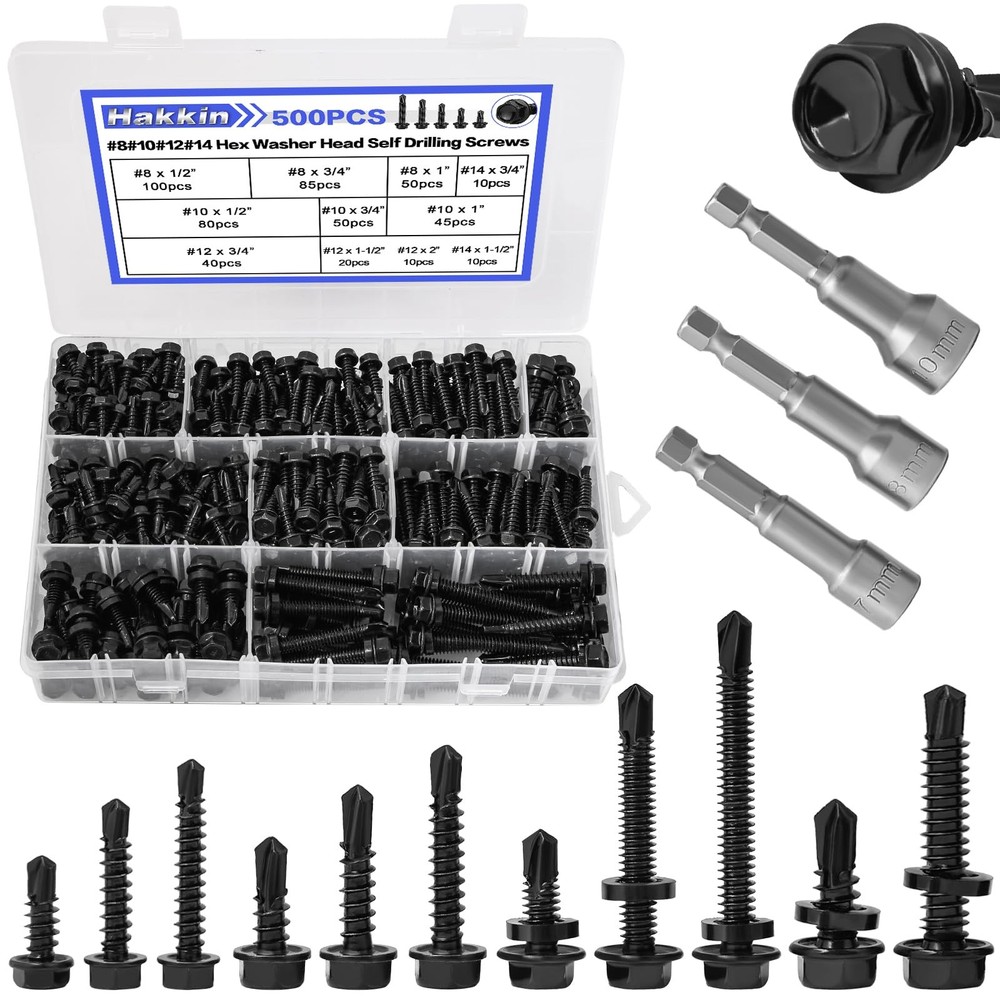 593Pcs Hex Washer Head Self-Drilling Screws, #8#10#12#14 Self Tapping Screws Ass