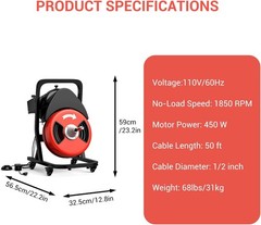 GRAVEE 50FT x 1/2″ Electric Drain Cleaner Machine Auger for 2″-4″ Pipes
