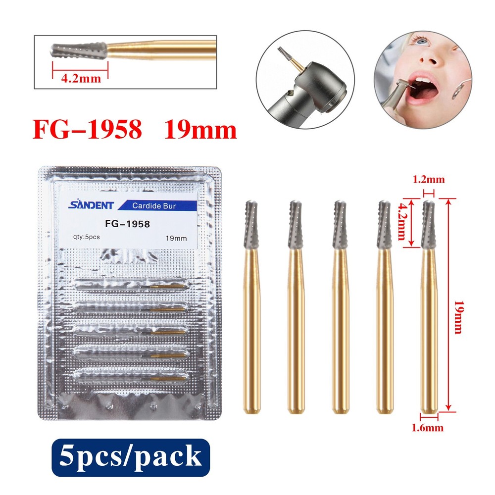 5X Dental Tungsten Steel Carbide Metal Cutting Burs For High Speed FG-1958 19 mm