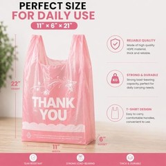 800 Pink Thank You T-Shirt Bags with Handles, 11″x6″x21″, Durable HDPE for Groce