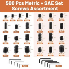 500 Pcs 25 Size Set Screws Metric&SAE Set Screw Assortment Kit 12.9 Alloy Ste…