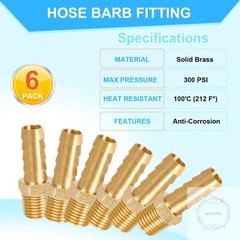 6 Pcs Brass Hose Fittings, 1/4 NPT to 3/8 Barb Barbed Hose Fittings, Male Thread