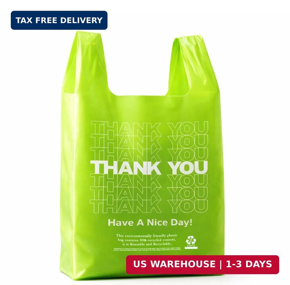 YoYoRain 100 Pack “Thank You” T-Shirt Bags – Green Plastic Large,