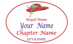 134 WHITE OVAL NAME BADGE W/ RED HAT LADY DESIGN AND MAGNET FASTENER