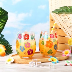 2 Pack 17oz Summer Hawaiian Stemless Wine Glasses Aloha Stemless Wine Glass Luau