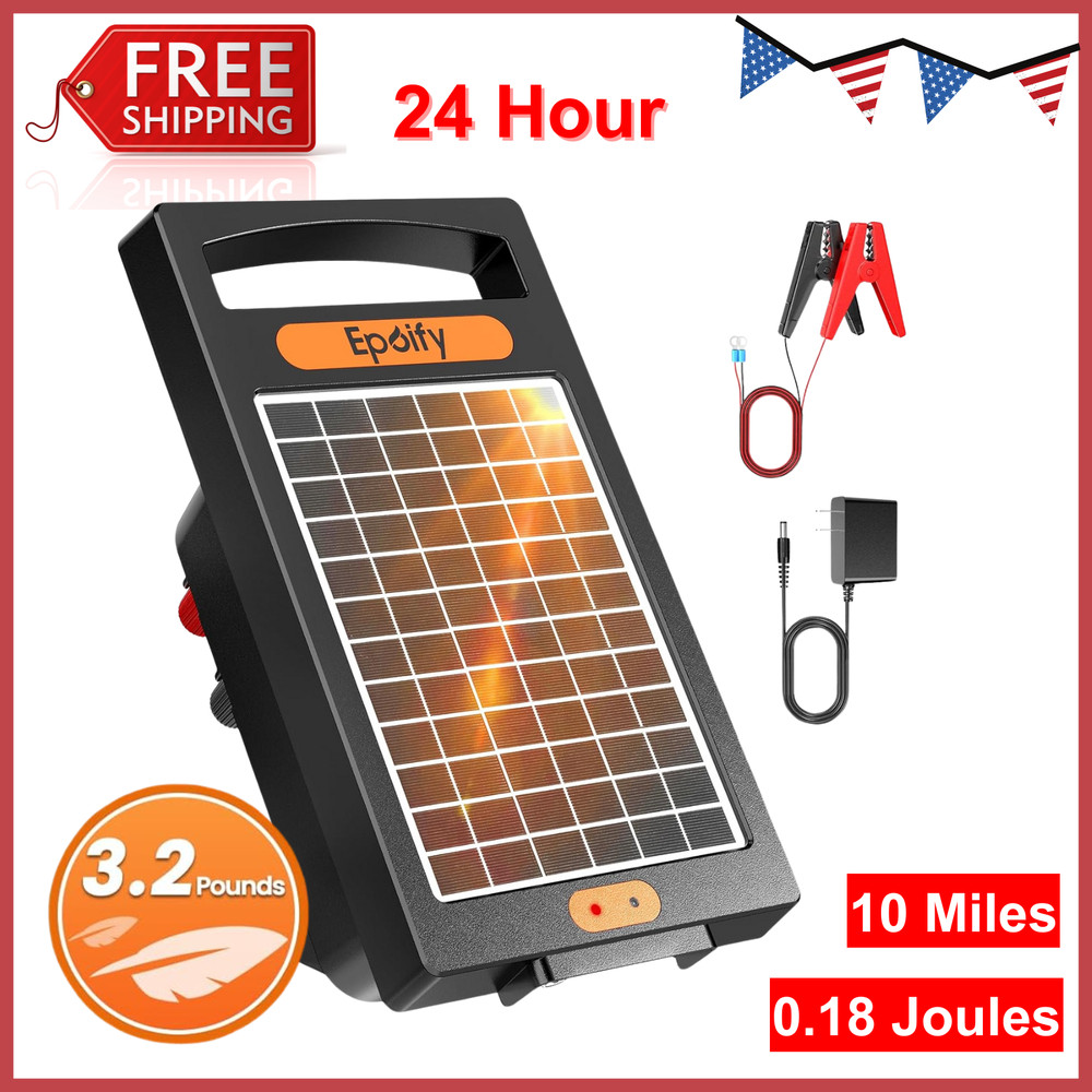 24 Hour Solar Electric Fence Charger 10 Miles Up to 10200V Output Range Electric