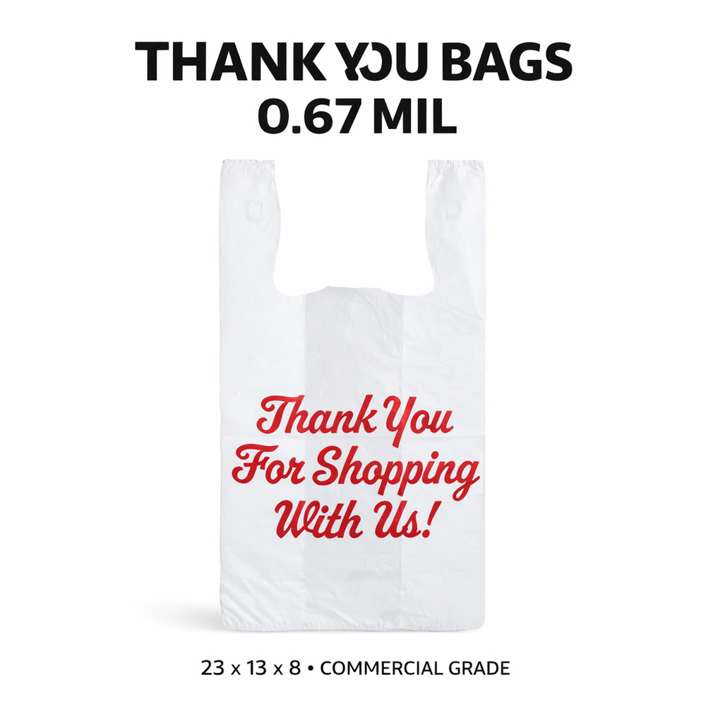 Thank You Plastic Bags 1/5 Large 23x13x8 Grocery T-Shirt Bags 0.67 Mil Retail