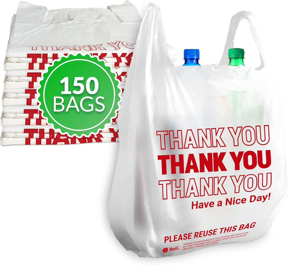 Reli. Thank You Plastic Bags | 150 Pack | (11.5″ x 6.5″ x 21″), White | Plastic