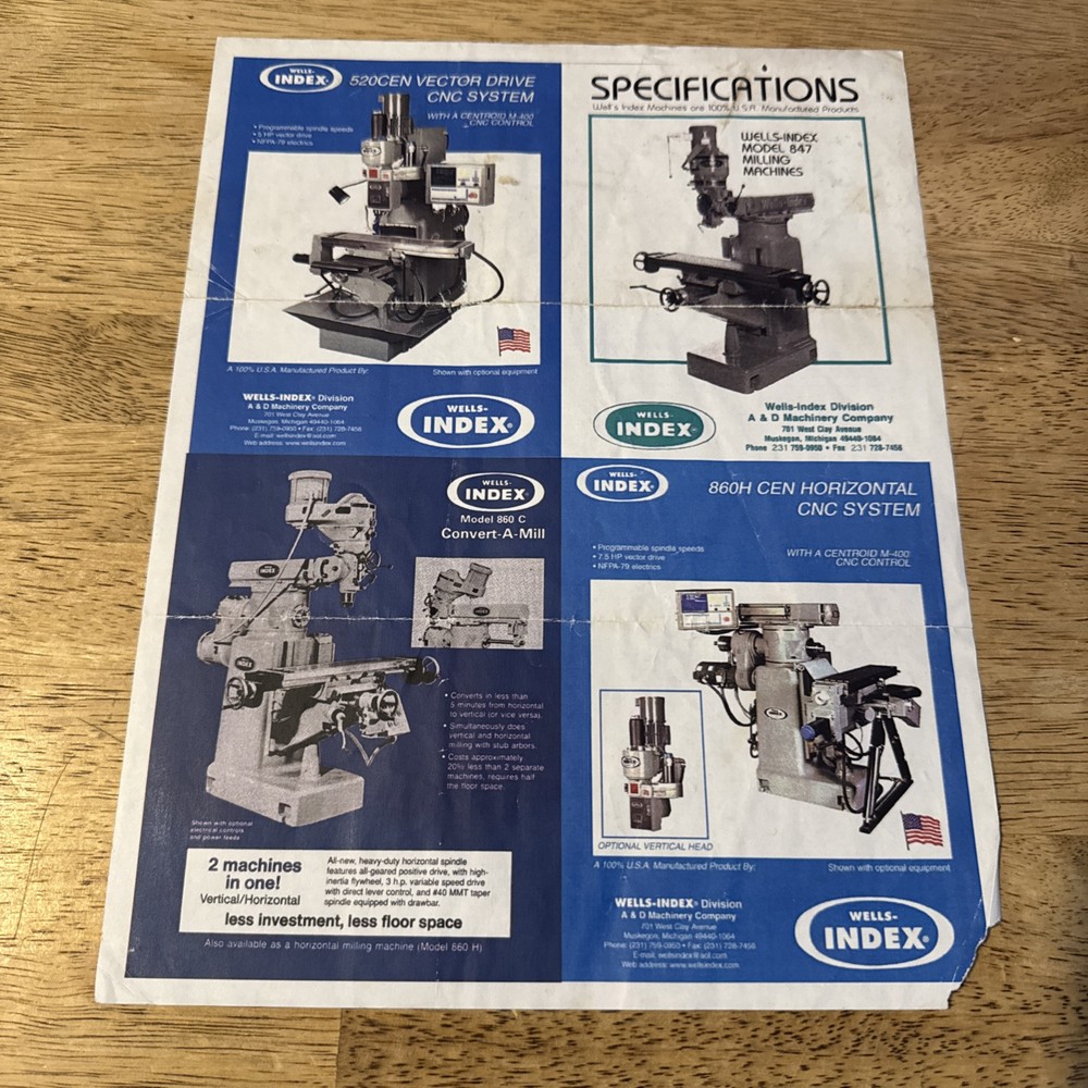 Wells Index Specification Sheet For Convert A Mill, Vector Drive CNC System