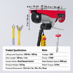 Electric Hoist 1320lbs Crane Winch with Wired Remote Control 1150W 110V