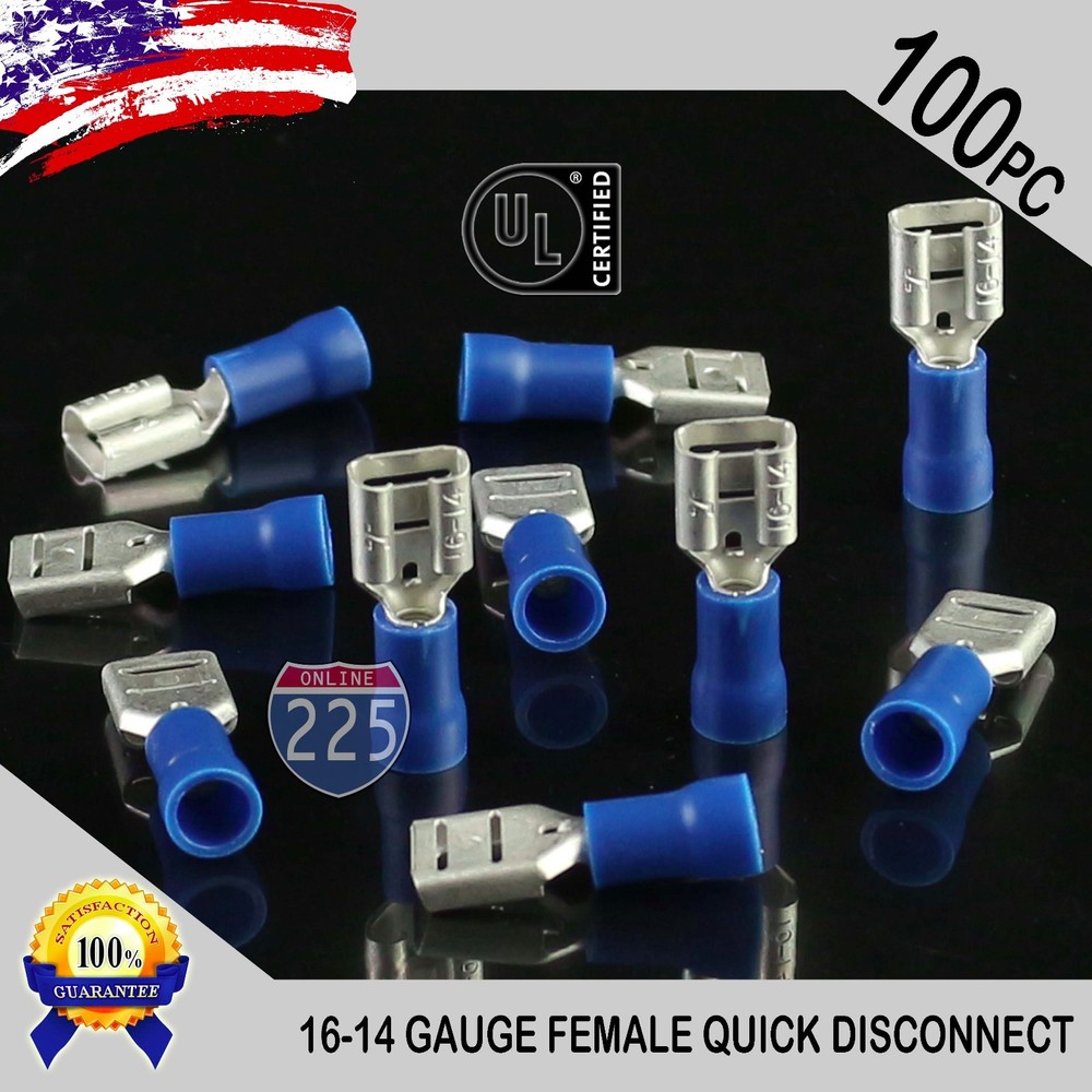 100 Pack 16-14 Gauge Female Quick Disconnect Blue Vinyl Crimp Terminals .250″ US