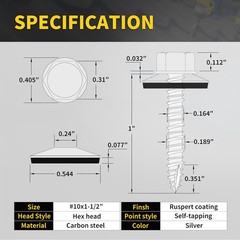 Metal Roofing Screws #10 x 1-1/2″ 300PCS Hex Head Rubber Washer Silver
