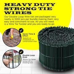6 Inch x 1000pc GREEN PVC COATED Double Loop Rebar Wire Tie, 16 Gage, SIMBASTEEL