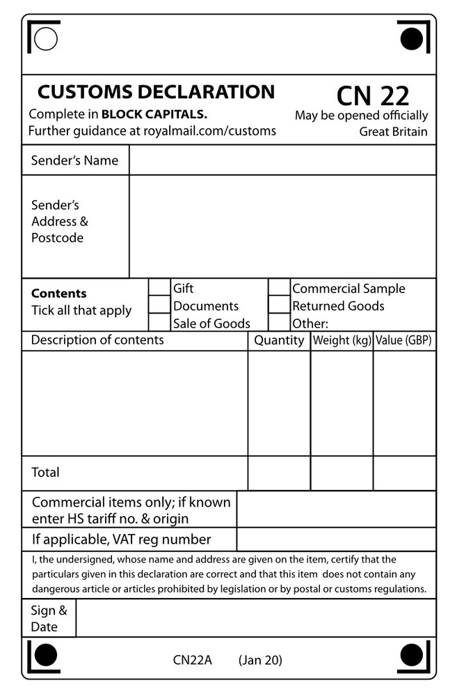 Self Adhesive CN22 Custom Declaration Forms Labels 10, 25, 50, 100, 250, 500 +