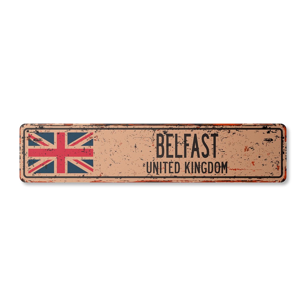BELFAST UNITED KINGDOM Vintage Street Sign British Britons Brits flag country