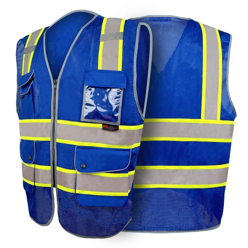 FX Class2 Hi-Vis Reflective Safety Vests with 6 Pockets and Zipper Front Blue .