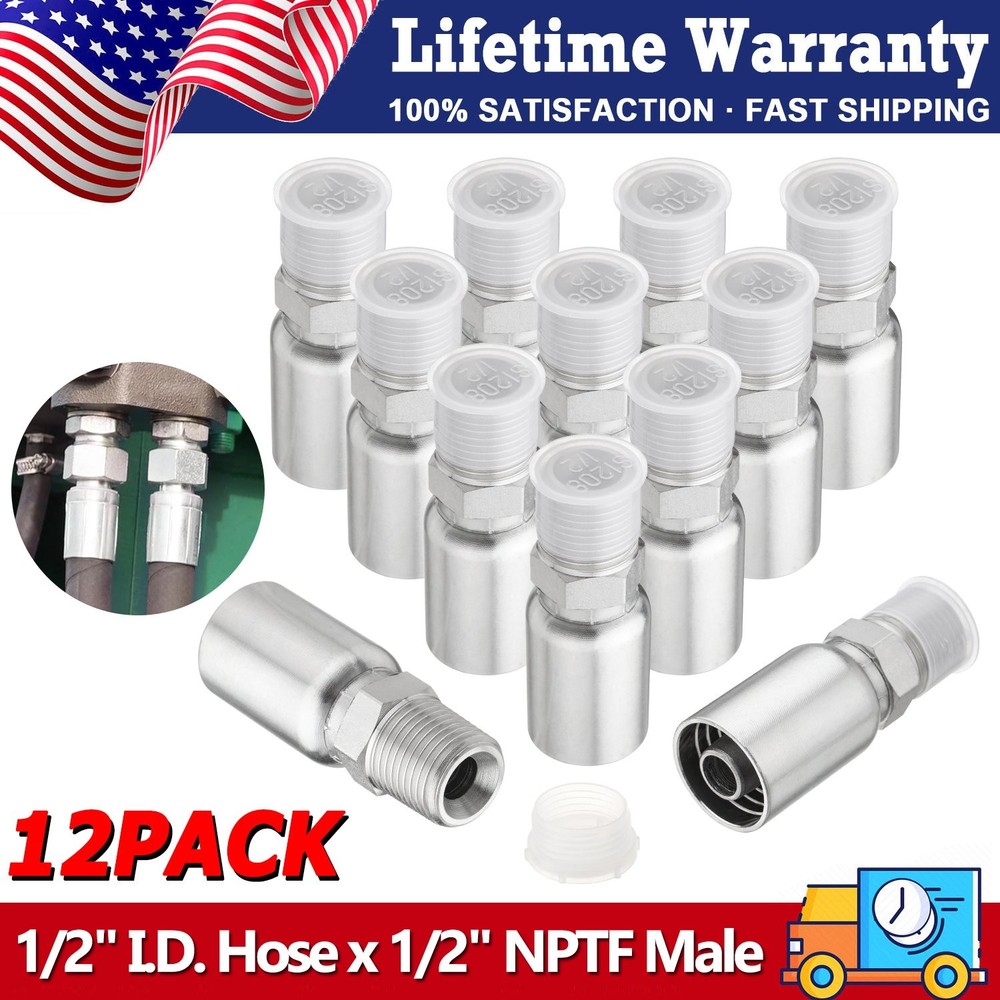 12 Pack 1/2″ Hydraulic Hose Fittings, 1/2″ I.D. Hose x 1/2″ NPTF Male with Prote
