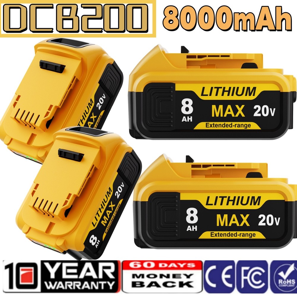 For DeWalt 20 Volt Max XR 8000mAh Lithium-Ion Battery DCB200-2 DCB201 4Pack