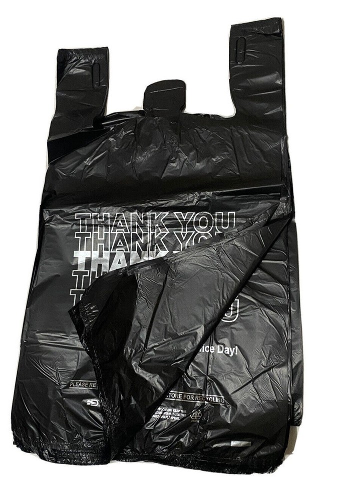 Bags 1/6 Large 21 x 6.5 x 11.5 Black THANK YOU T-Shirt Plastic Shopping Bags