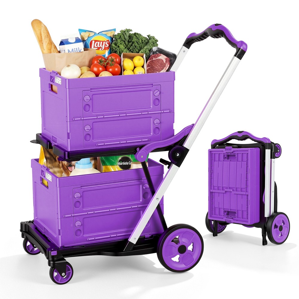 Foldable Utility Shopping Cart 2 Storage Baskets Heavy Duty Trolley with Brake