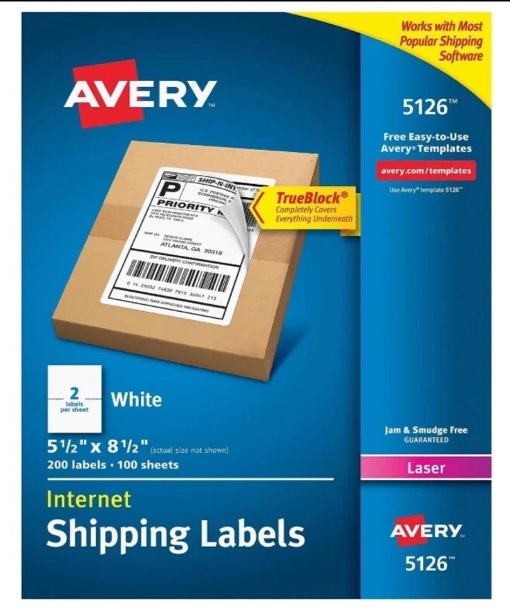 Avery 5126 Internet Shipping Labels White 5-1/2 x 8-1/2 in 200 Labels 100 Sheets