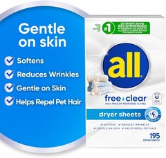 All Free Clear Unscented Fabric Softener Dryer Sheets, 195 Count