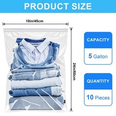 Large 5 Gallon Plastic Storage Bags (10 Pack) – 18″ x 24″, 18”Ã—24”, clear