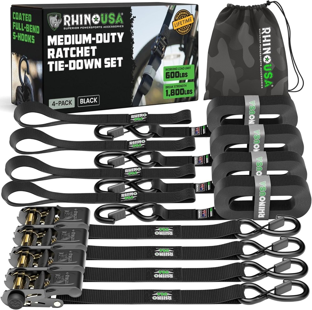 Rhino USA Ratchet Straps Tie Downs (4-Pack) – 1 Inch x 15 Feet (1,823lb Break St