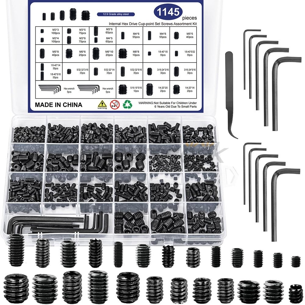 1145Pcs Set Screw Assortment Kit Head Socket Hex Drive Cup Point Grub Screws Set