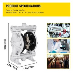 VEVOR Air-Operated Double Diaphragm Pump 2.5GPM 1/2″ Inlet Outlet Polypropylene