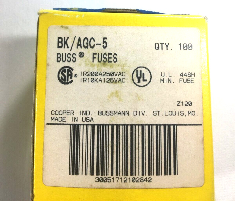 Bussman 100 Count BK/AGC-5 Cartridge Fuses 250VAC NEW USA BUSS FUSES