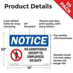 No Admittance Except To Employees On Duty OSHA Notice Sign, Decal 5 or 10 Pack
