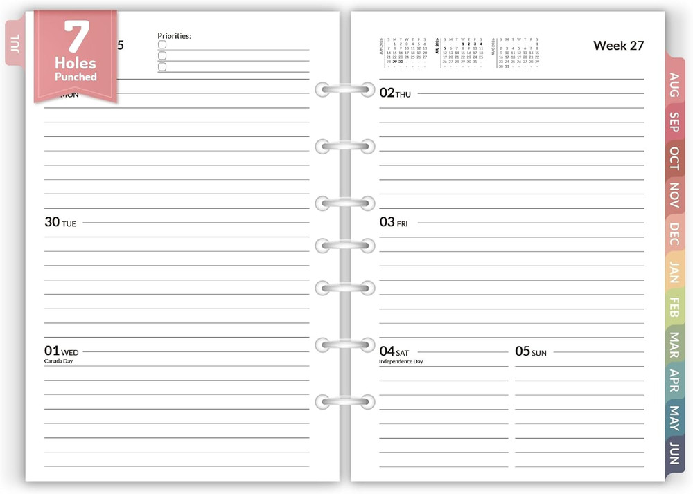 2026 Weekly & Monthly Planner Refills for A5 7-Ring Binders, July
