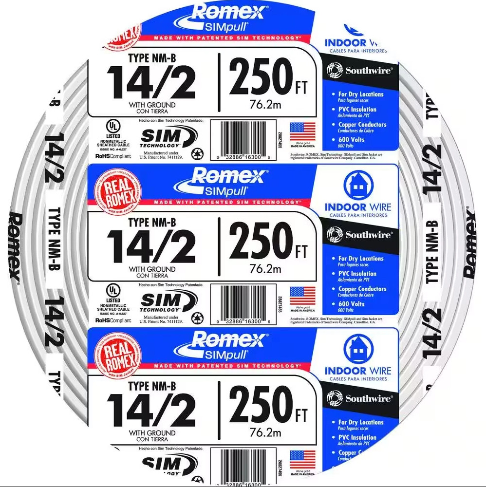 Southwire Romex 14/2 250ft 600V SIM Technology Type NM-B Indoor Wire With Ground