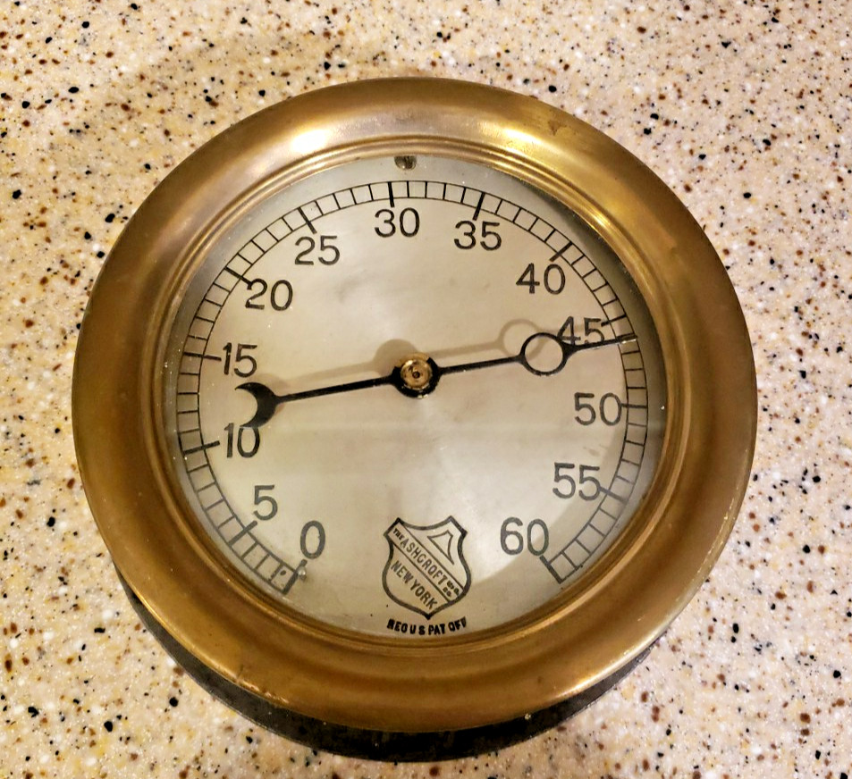 Vintage ASHCROFT 60 PSI steam Pressure Gauge Brass
