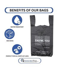 AssurePak Easy-Open Case of 800 Black HDPE Plastic ‘Thank You’ Bags – NEW