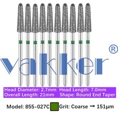 10pc/pk Vakker Dental FG Diamond Burs Round Long/ Round End Taper for High Speed