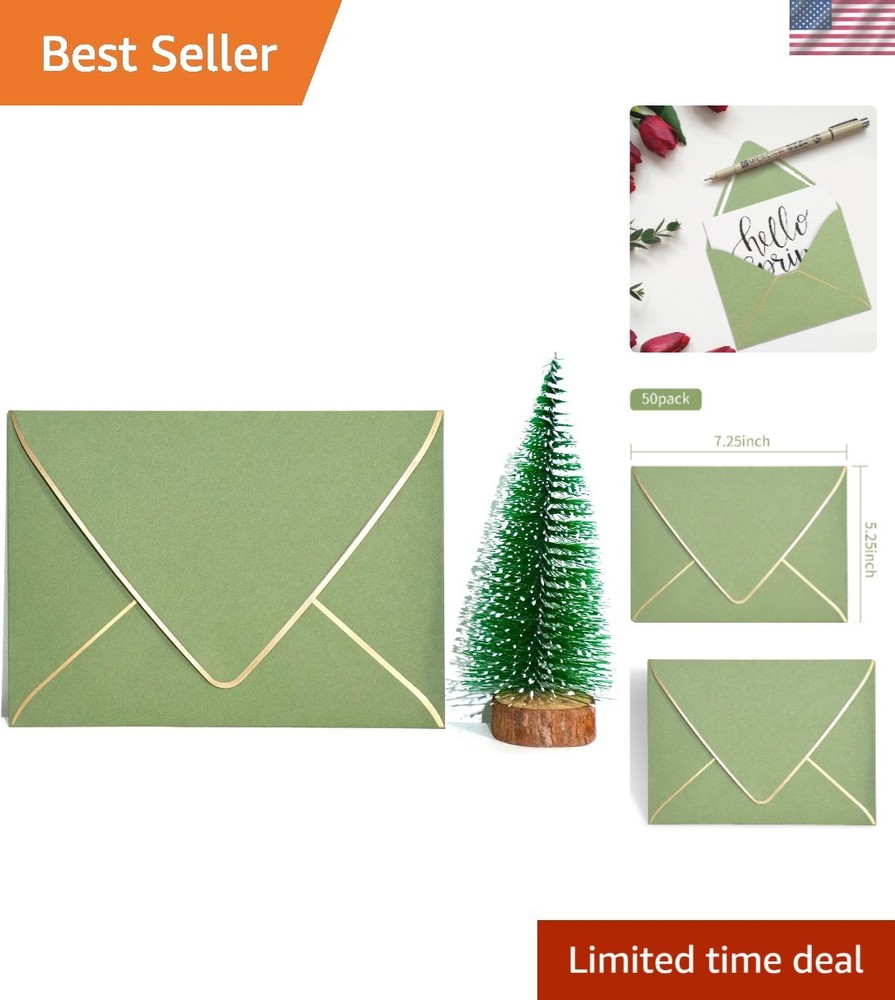 Thick Luxury Sage Green Envelopes with Gold Border – 5.25 x 7.25 Inches, 25 Pack