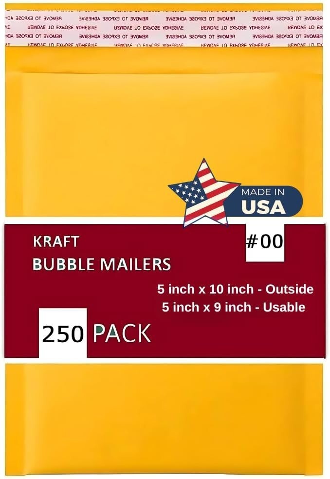 250 PC #00 5×10 Kraft Bubble Envelopes Yellow Padded Shipping Self Seal Mailers