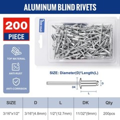 WORKPRO 200PC Aluminum Blind Rivet 3/16″x1/2″ Pop Rivet Assortment Steel Mandrel