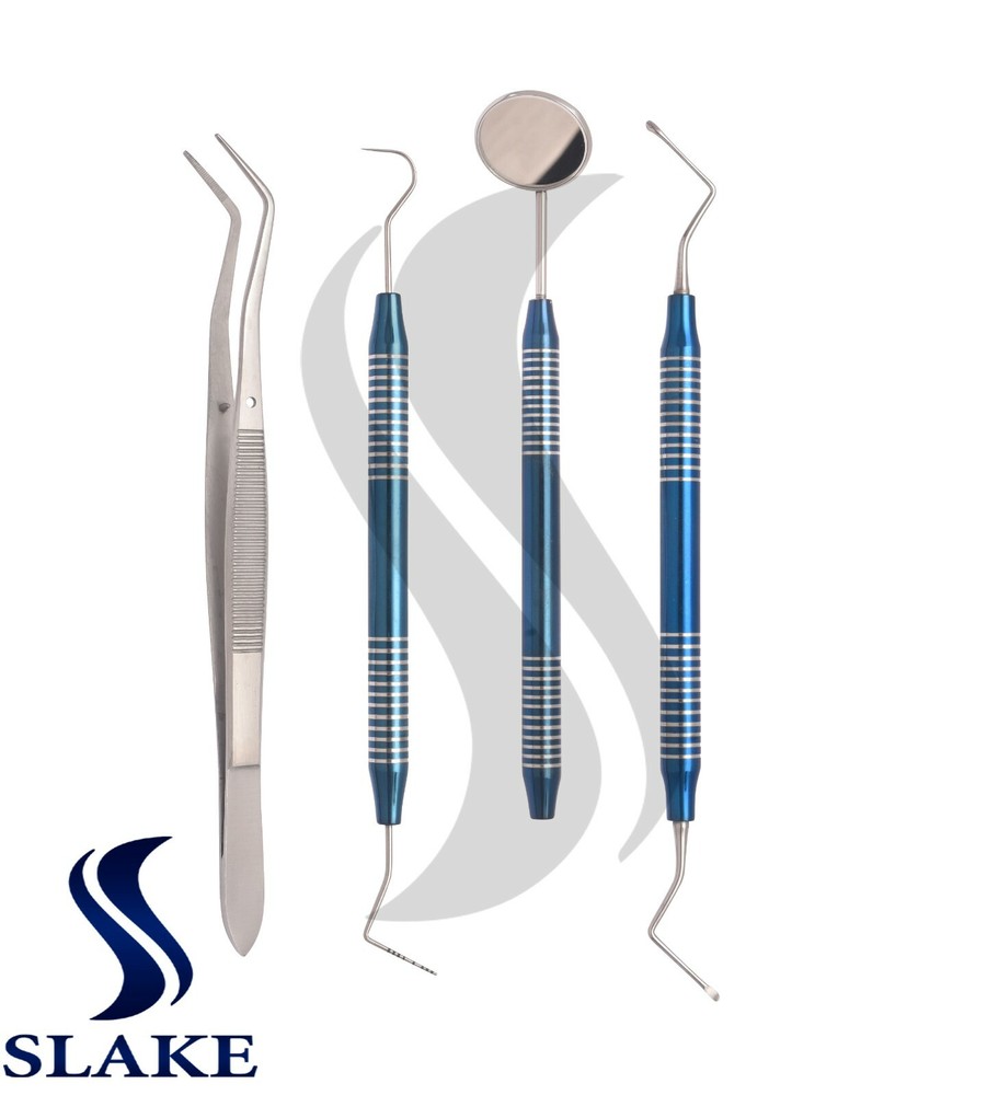 Basic Dental Set Mirror Explorer College Plier Lucas Set of 4 Instruments Blue