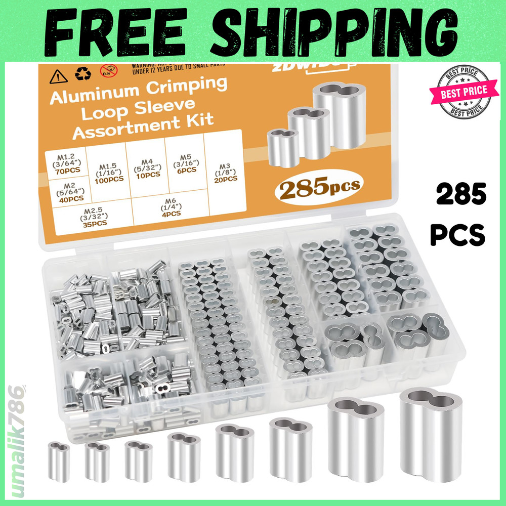 285PCS 8 Sizes Aluminum Crimping Loop Sleeve Cable Crimps, 3/64” 1/16” 5/64”