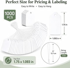 1000 Blank White Merchandise Price Tags with Strings Size #5 Retail Strung Label