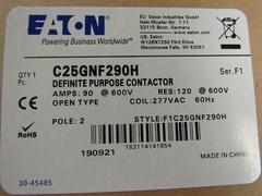 EATON C25GNF290H DEFINITE PURPOSE CONTACTOR 2P 90A 600V (277VAC COIL)**NIB**