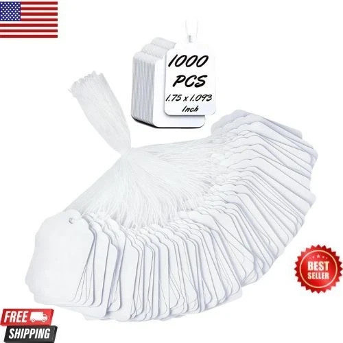 1000 Blank White Merchandise Price Tags with Strings Size #5 Retail Strung Labe