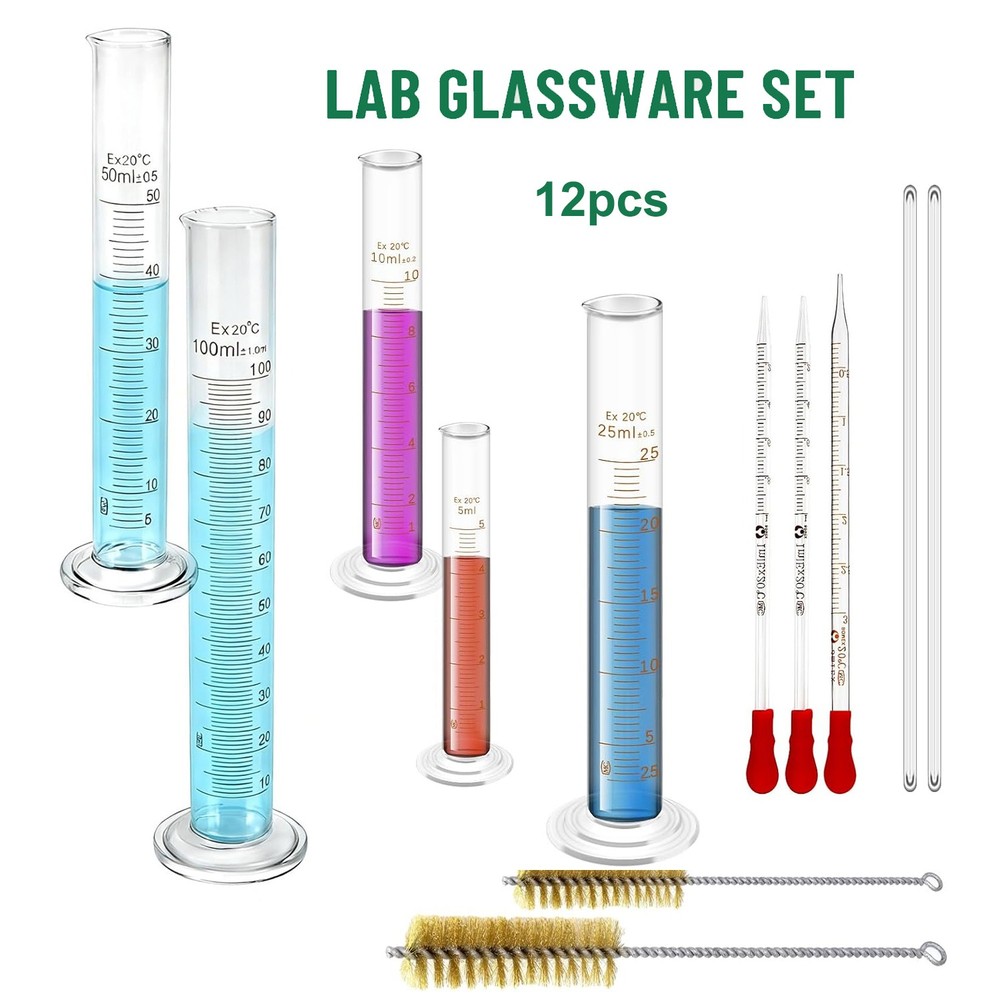 12Pcs Lab Glassware Set:5/10/25/50/100ml Cylinders,3 Droppers,2 Brushs,2 Rods
