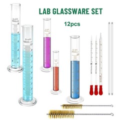 12Pcs Lab Glassware Set:5/10/25/50/100ml Cylinders,3 Droppers,2 Brushs,2 Rods