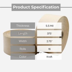 Reinforced Kraft Gum Tape – 2.75″ x 375′ Water Activated Adhesive Tape 16 Rolls